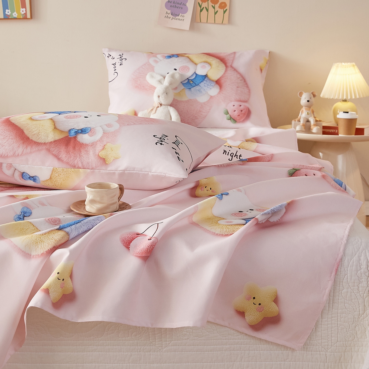 91家纺网 家纺一手货源 找家纺 家品罗兰 2026新款数码印花5D加厚老粗布床单单件双人家用特厚被单三件套学生宿舍床单凉席 甜心兔语