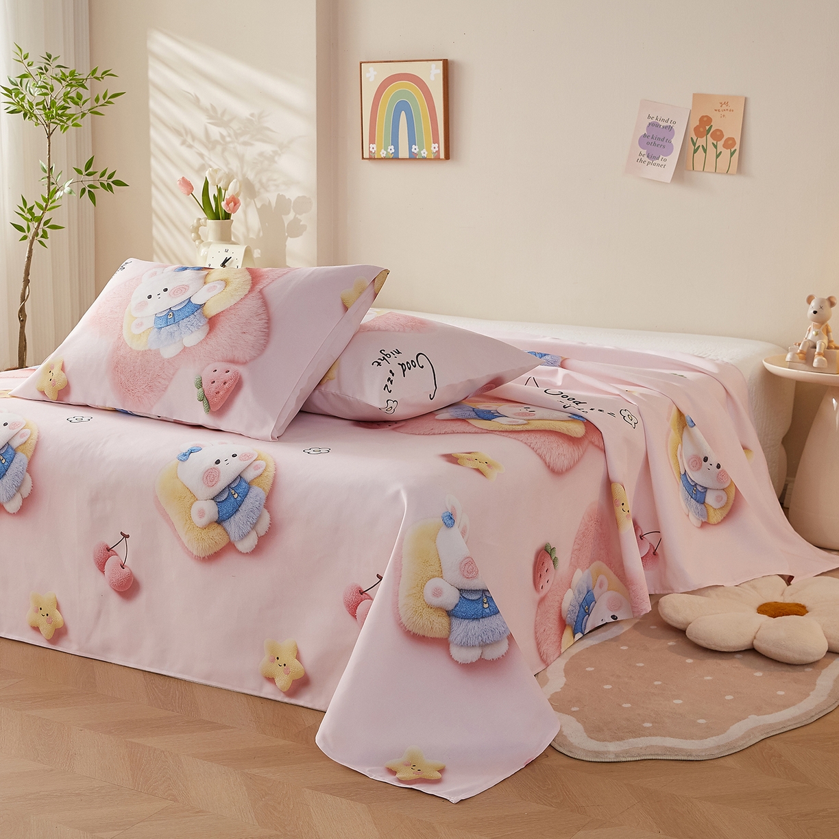 91家纺网 家纺一手货源 找家纺 家品罗兰 2026新款数码印花5D加厚老粗布床单单件双人家用特厚被单三件套学生宿舍床单凉席 甜心兔语