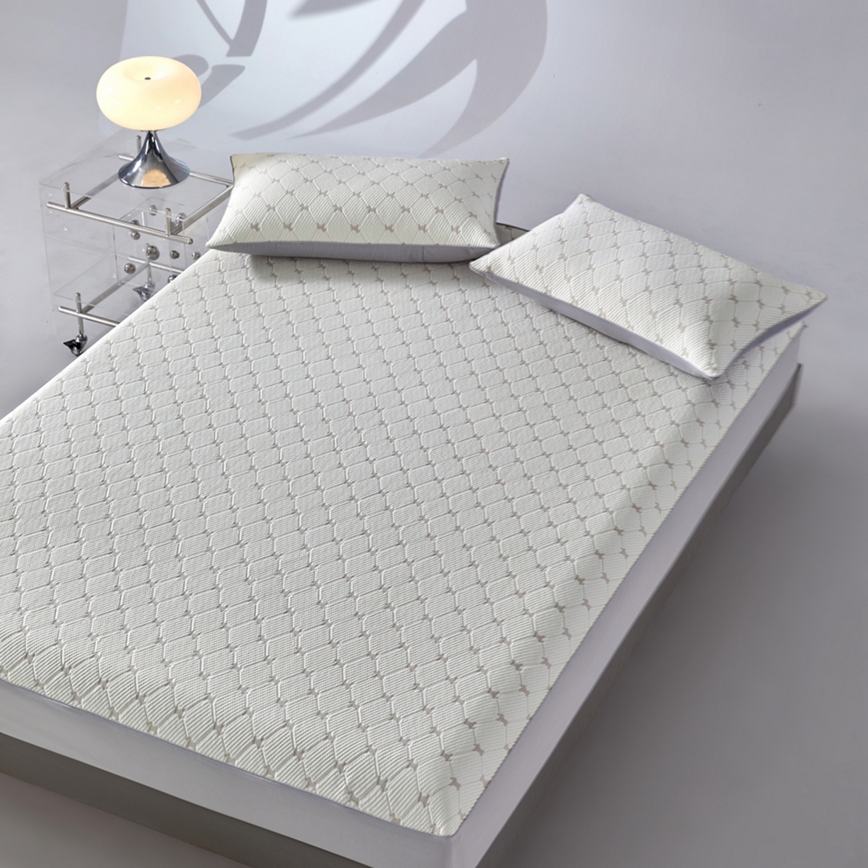 91家纺网 家纺一手货源 找家纺 满座家居 2026新款乙纶高冰凉感高分子PE凉席床笠款冰丝席三件套 锦驭