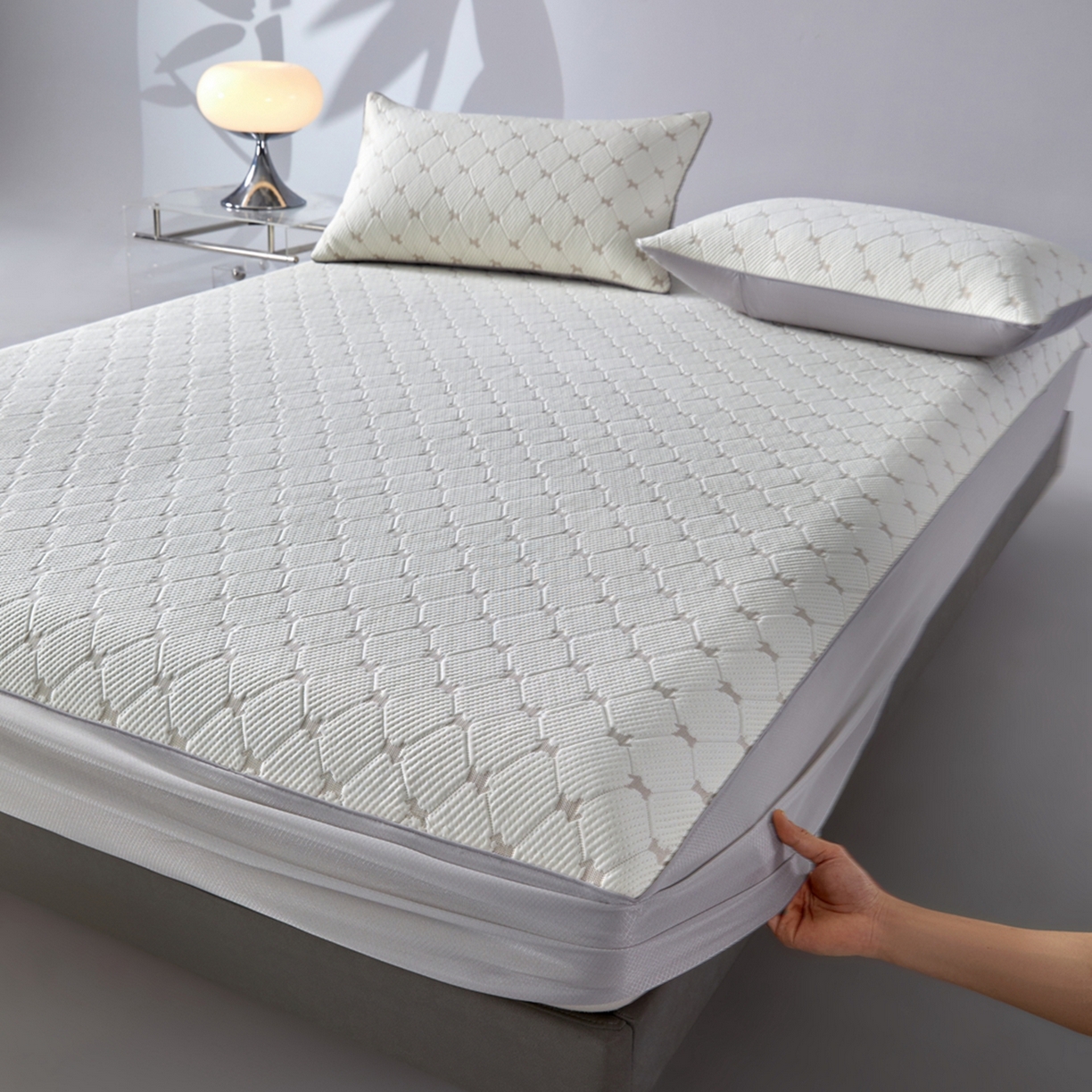 91家纺网 家纺一手货源 找家纺 满座家居 2026新款乙纶高冰凉感高分子PE凉席床笠款冰丝席三件套 锦驭