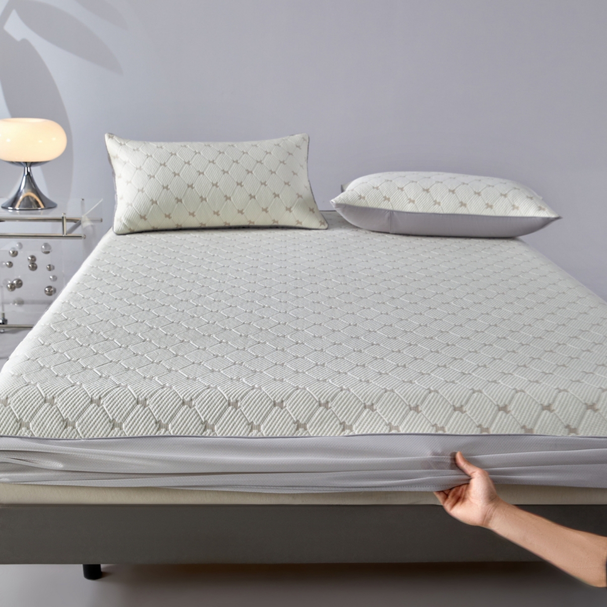 91家纺网 家纺一手货源 找家纺 满座家居 2026新款乙纶高冰凉感高分子PE凉席床笠款冰丝席三件套 锦驭