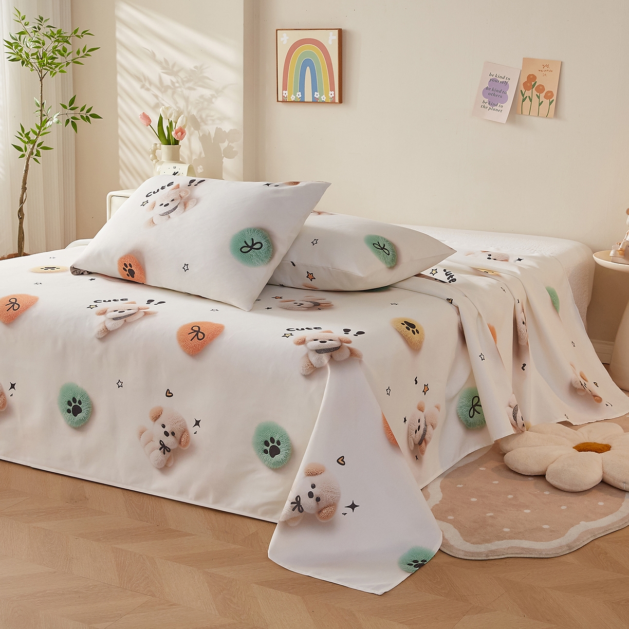 91家纺网 家纺一手货源 找家纺 家品罗兰 2026新款数码印花5D加厚老粗布床单单件双人家用特厚被单三件套学生宿舍床单凉席 小可爱