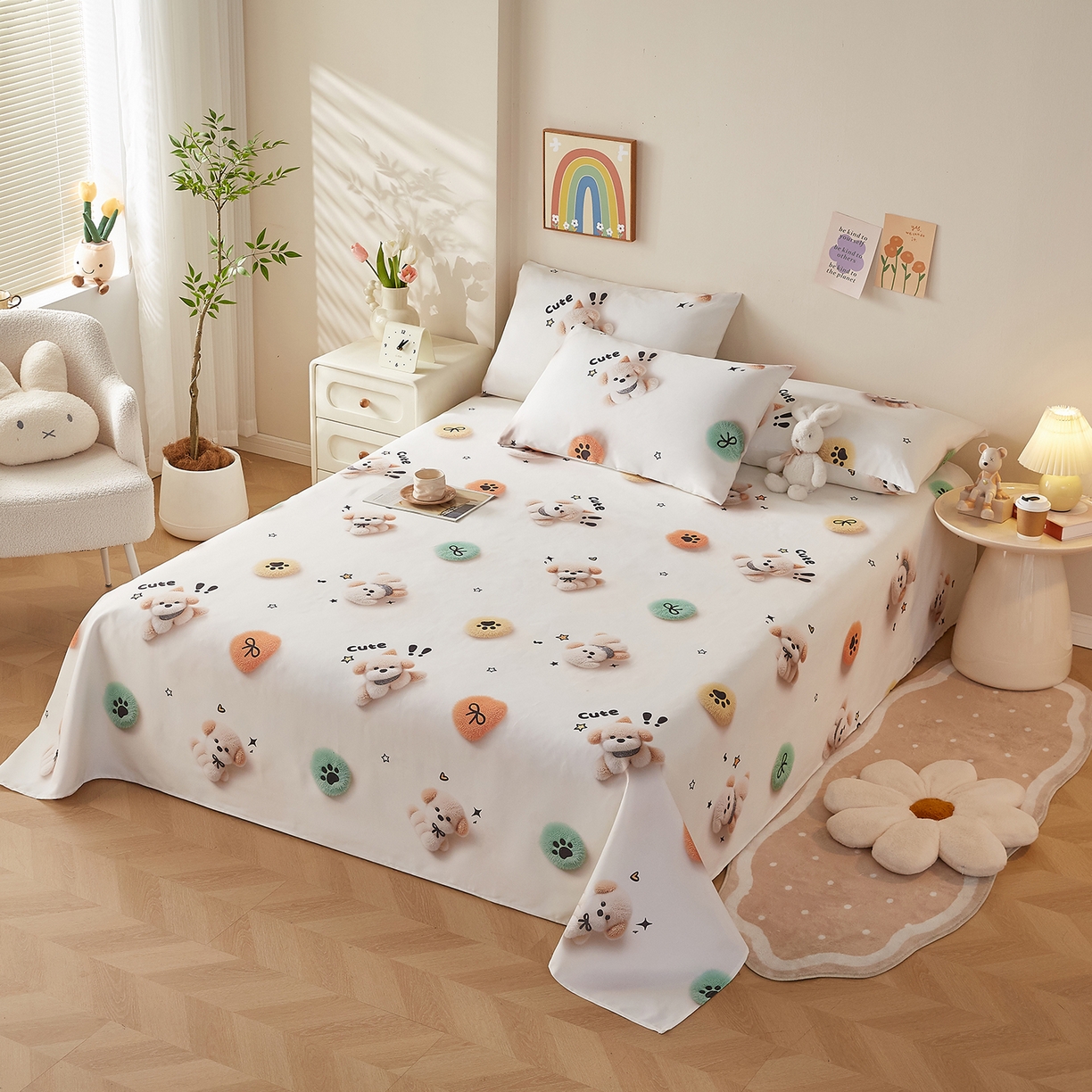 91家纺网 家纺一手货源 找家纺 家品罗兰 2026新款数码印花5D加厚老粗布床单单件双人家用特厚被单三件套学生宿舍床单凉席 小可爱