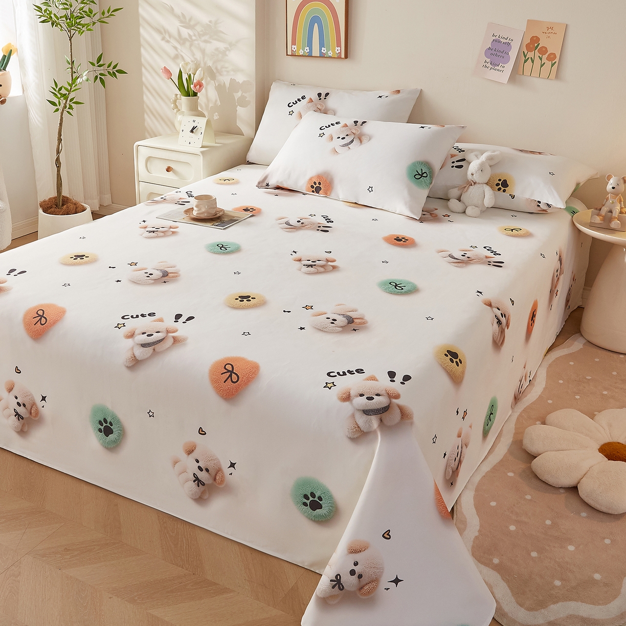 91家纺网 家纺一手货源 找家纺 家品罗兰 2026新款数码印花5D加厚老粗布床单单件双人家用特厚被单三件套学生宿舍床单凉席 小可爱