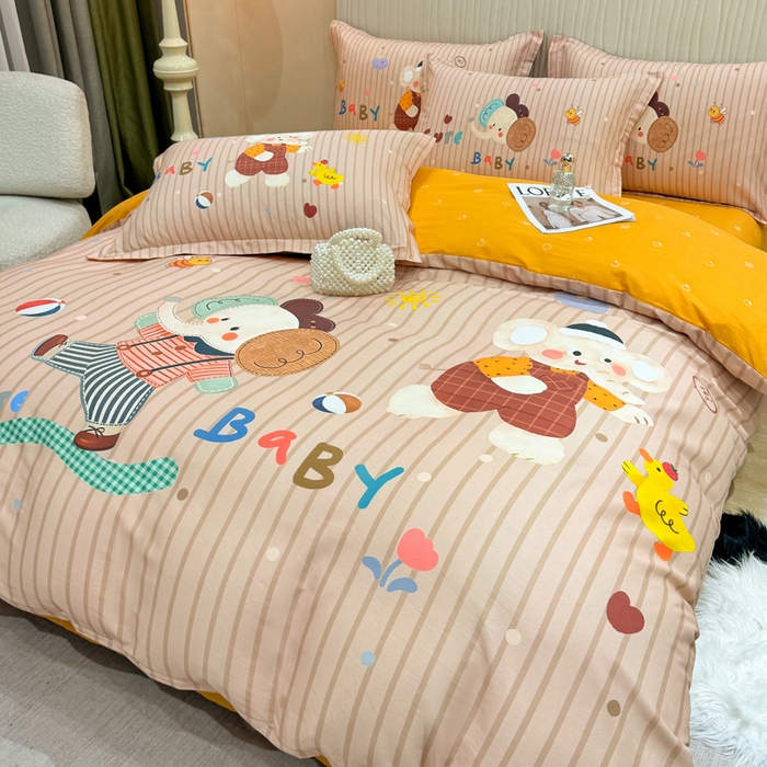 91家纺网 家纺一手货源 找家纺 红日子纺织品 2026新款13070全棉纯棉数码印花大版印花四件套 小象乐园-桔