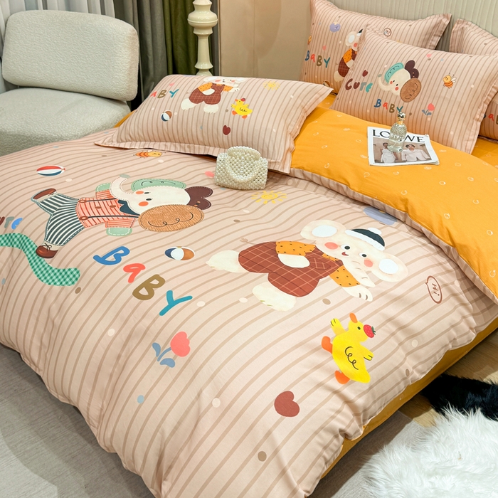 91家纺网 家纺一手货源 找家纺 红日子纺织品 2026新款13070全棉纯棉数码印花大版印花四件套 小象乐园-桔