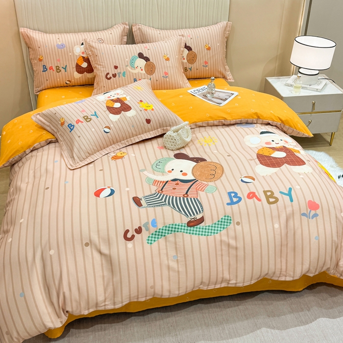 91家纺网 家纺一手货源 找家纺 红日子纺织品 2026新款13070全棉纯棉数码印花大版印花四件套 小象乐园-桔