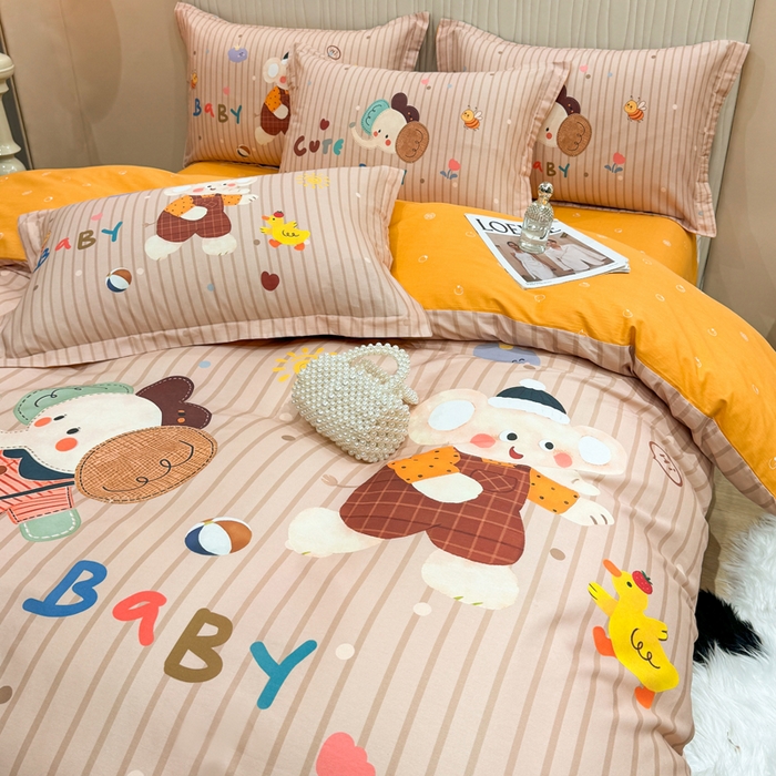 91家纺网 家纺一手货源 找家纺 红日子纺织品 2026新款13070全棉纯棉数码印花大版印花四件套 小象乐园-桔