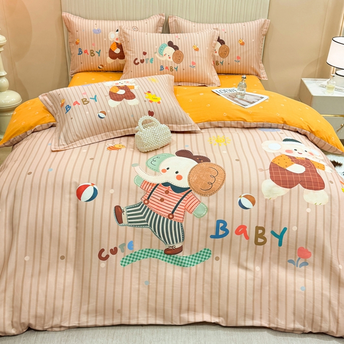 91家纺网 家纺一手货源 找家纺 红日子纺织品 2026新款13070全棉纯棉数码印花大版印花四件套 小象乐园-桔