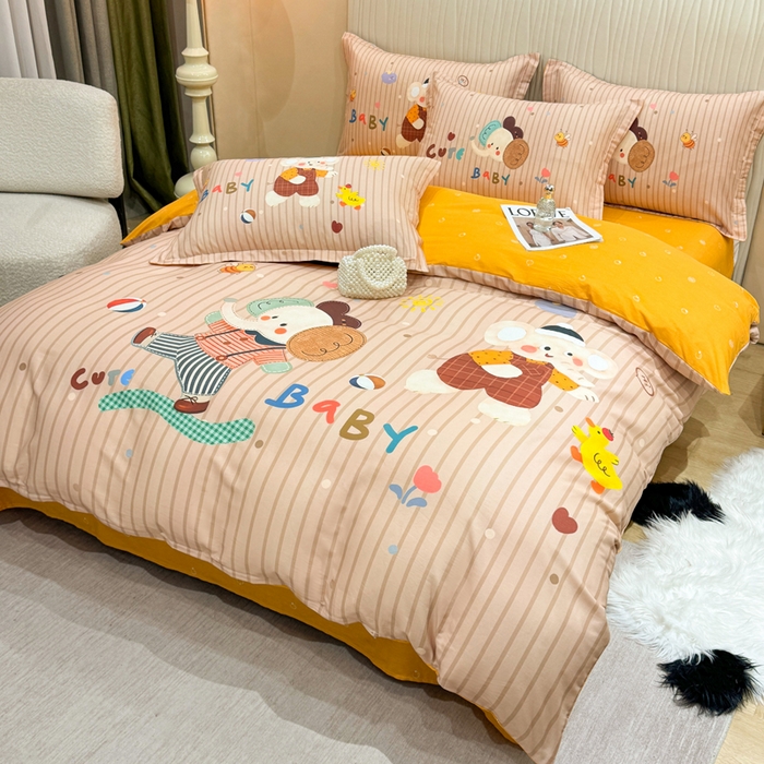 91家纺网 家纺一手货源 找家纺 红日子纺织品 2026新款13070全棉纯棉数码印花大版印花四件套 小象乐园-桔