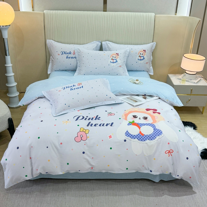 红日子纺织品 2026新款13070全棉纯棉数码印花大版印花四件套 萌趣小兔-蓝