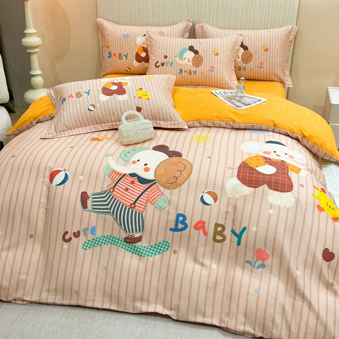 91家纺网 家纺一手货源 找家纺 红日子纺织品 2026新款13070全棉纯棉数码印花大版印花四件套 小象乐园-桔