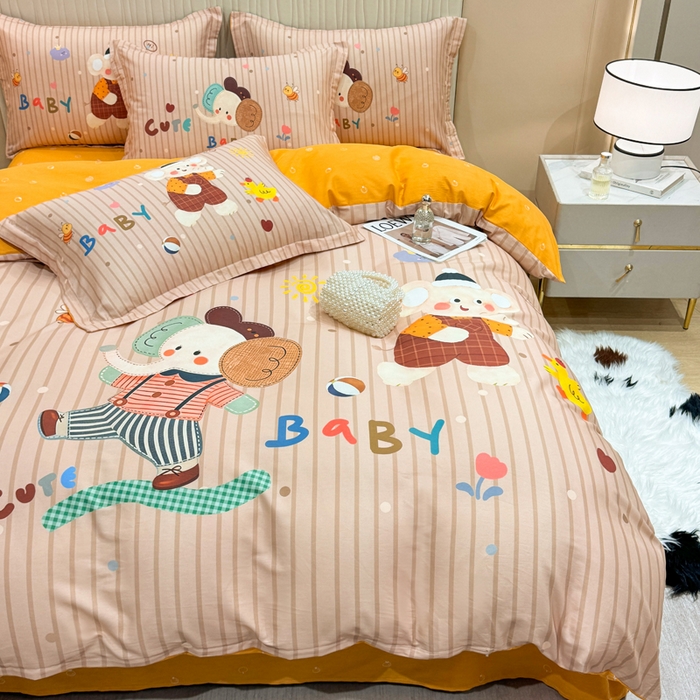 91家纺网 家纺一手货源 找家纺 红日子纺织品 2026新款13070全棉纯棉数码印花大版印花四件套 小象乐园-桔