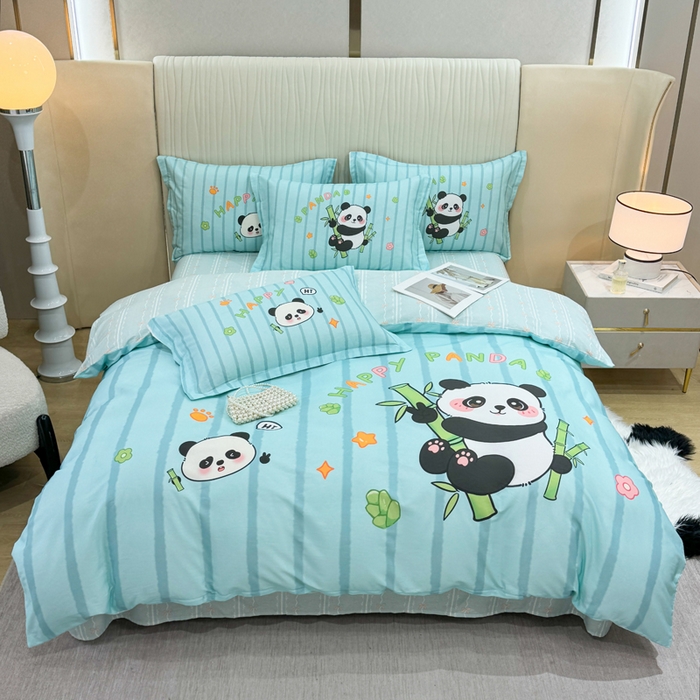 红日子纺织品 2026新款13070全棉纯棉数码印花大版印花四件套 熊猫抱竹-蓝