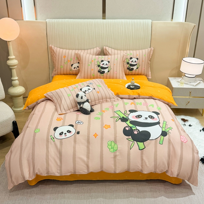 红日子纺织品 2026新款13070全棉纯棉数码印花大版印花四件套 熊猫抱竹-桔