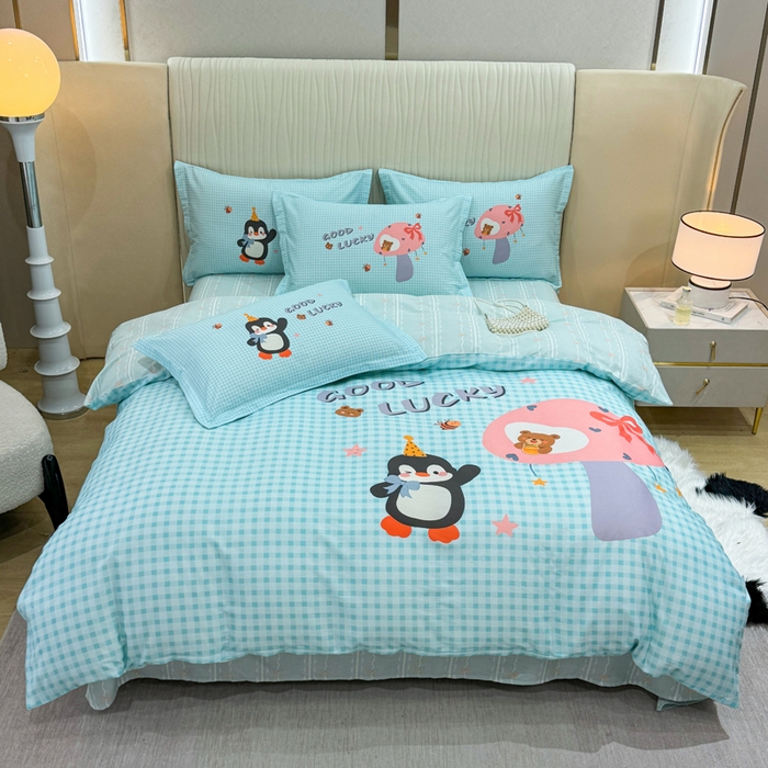 红日子纺织品 2026新款13070全棉纯棉数码印花大版印花四件套 幸运蓝格-蓝