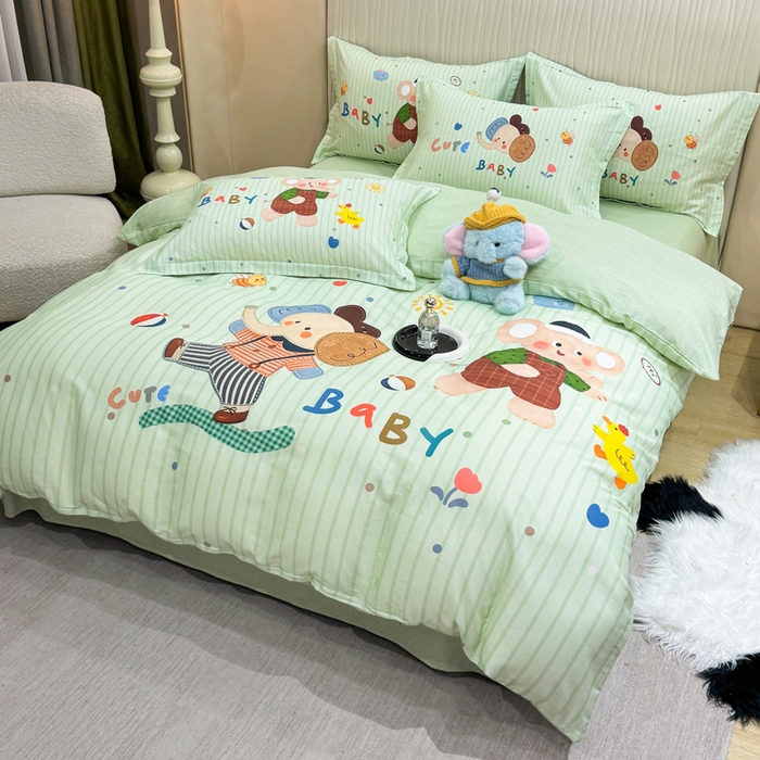 91家纺网 家纺一手货源 找家纺 红日子纺织品 2026新款13070全棉纯棉数码印花大版印花四件套 小象乐园-绿