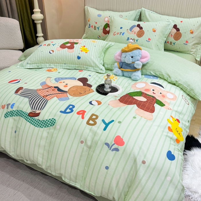 91家纺网 家纺一手货源 找家纺 红日子纺织品 2026新款13070全棉纯棉数码印花大版印花四件套 小象乐园-绿