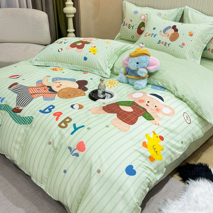 91家纺网 家纺一手货源 找家纺 红日子纺织品 2026新款13070全棉纯棉数码印花大版印花四件套 小象乐园-绿