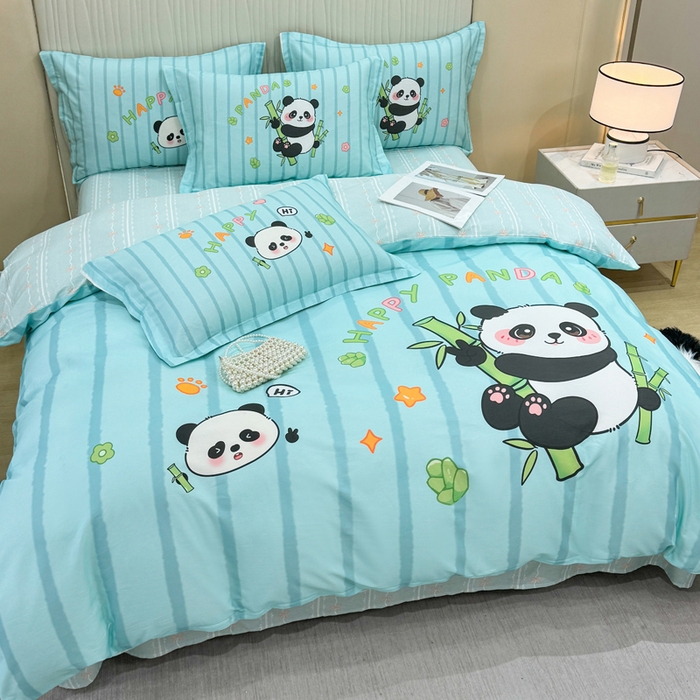 91家纺网 家纺一手货源 找家纺 红日子纺织品 2026新款13070全棉纯棉数码印花大版印花四件套 熊猫抱竹-蓝