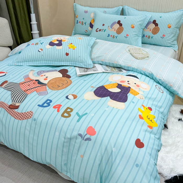 91家纺网 家纺一手货源 找家纺 红日子纺织品 2026新款13070全棉纯棉数码印花大版印花四件套 小象乐园-蓝