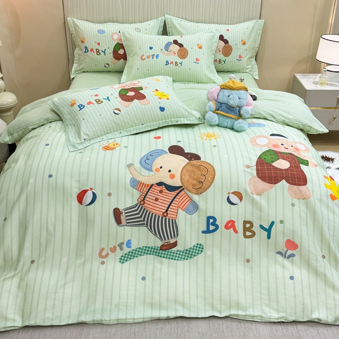 91家纺网 家纺一手货源 找家纺 红日子纺织品 2026新款13070全棉纯棉数码印花大版印花四件套 小象乐园-绿