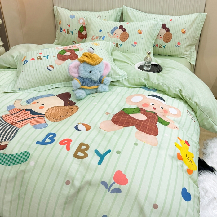 91家纺网 家纺一手货源 找家纺 红日子纺织品 2026新款13070全棉纯棉数码印花大版印花四件套 小象乐园-绿