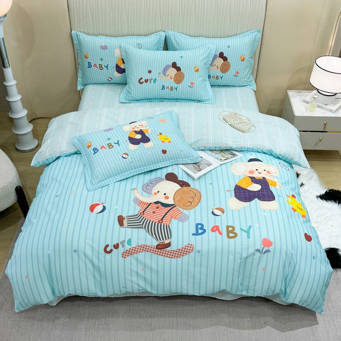 91家纺网 家纺一手货源 找家纺 红日子纺织品 2026新款13070全棉纯棉数码印花大版印花四件套 小象乐园-蓝