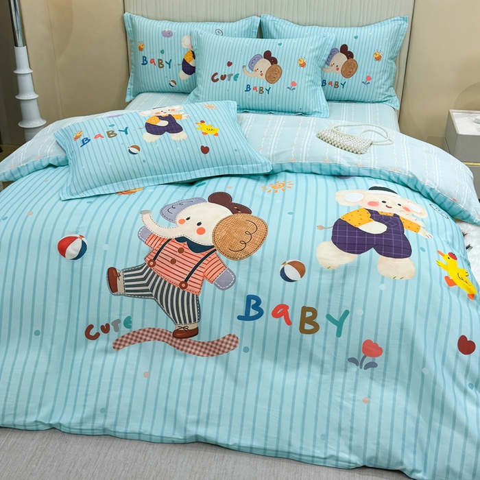 91家纺网 家纺一手货源 找家纺 红日子纺织品 2026新款13070全棉纯棉数码印花大版印花四件套 小象乐园-蓝