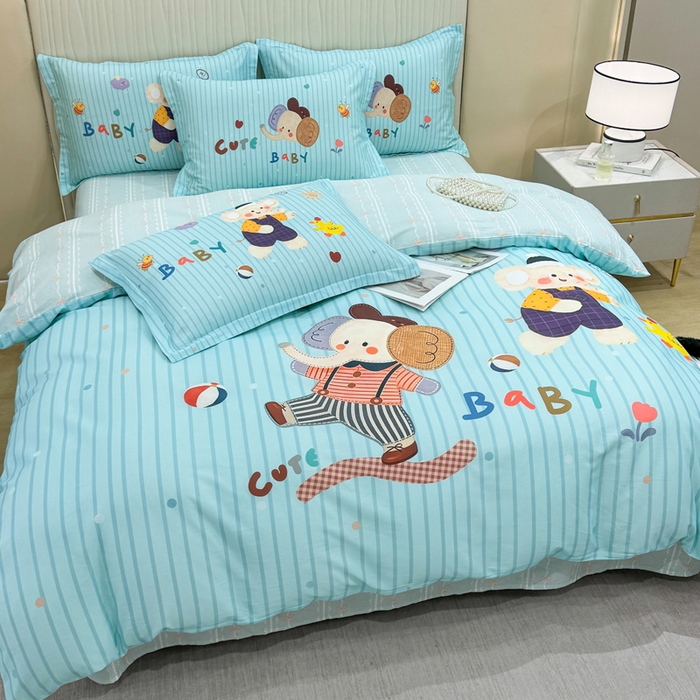 91家纺网 家纺一手货源 找家纺 红日子纺织品 2026新款13070全棉纯棉数码印花大版印花四件套 小象乐园-蓝