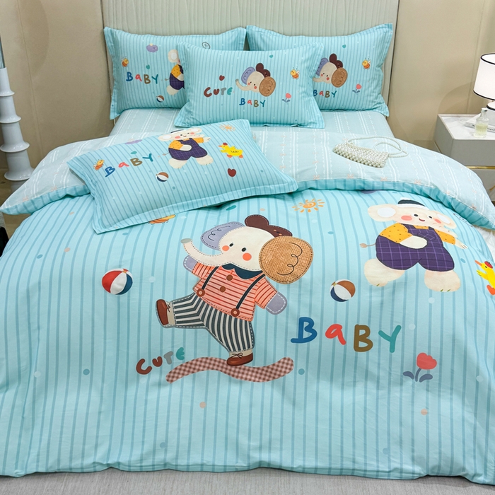 91家纺网 家纺一手货源 找家纺 红日子纺织品 2026新款13070全棉纯棉数码印花大版印花四件套 小象乐园-蓝