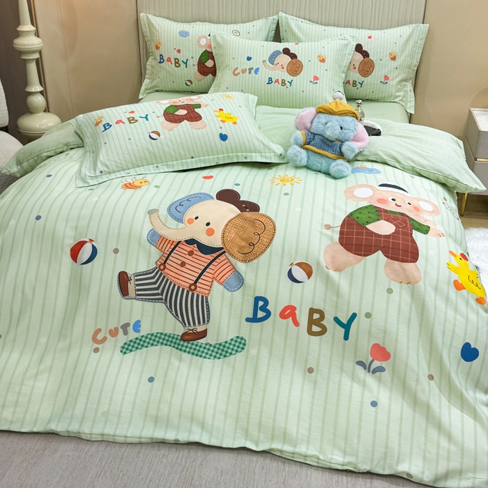 91家纺网 家纺一手货源 找家纺 红日子纺织品 2026新款13070全棉纯棉数码印花大版印花四件套 小象乐园-绿