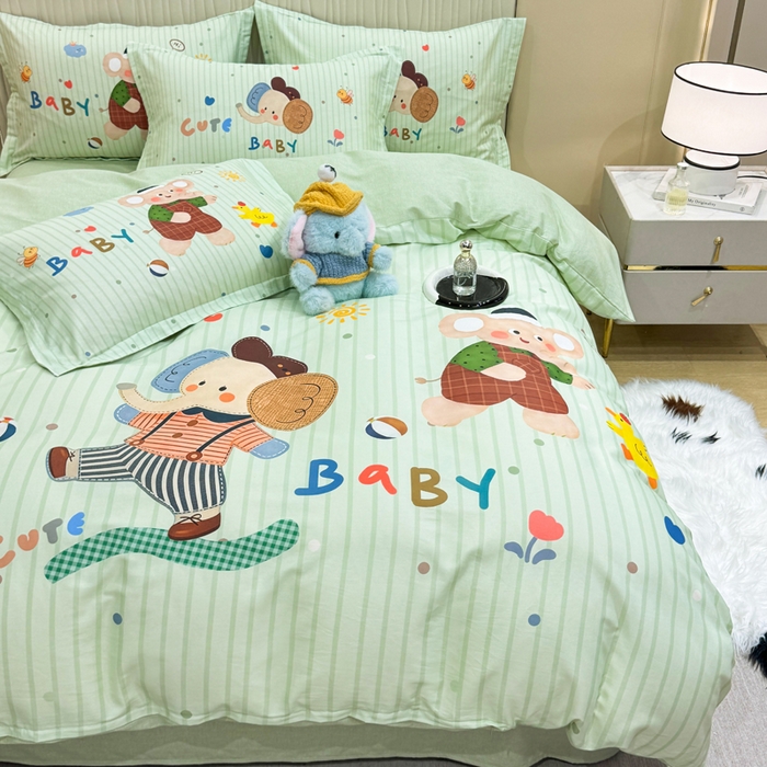 91家纺网 家纺一手货源 找家纺 红日子纺织品 2026新款13070全棉纯棉数码印花大版印花四件套 小象乐园-绿