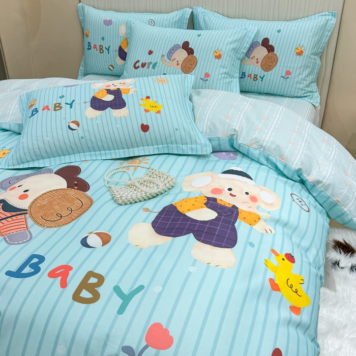 91家纺网 家纺一手货源 找家纺 红日子纺织品 2026新款13070全棉纯棉数码印花大版印花四件套 小象乐园-蓝