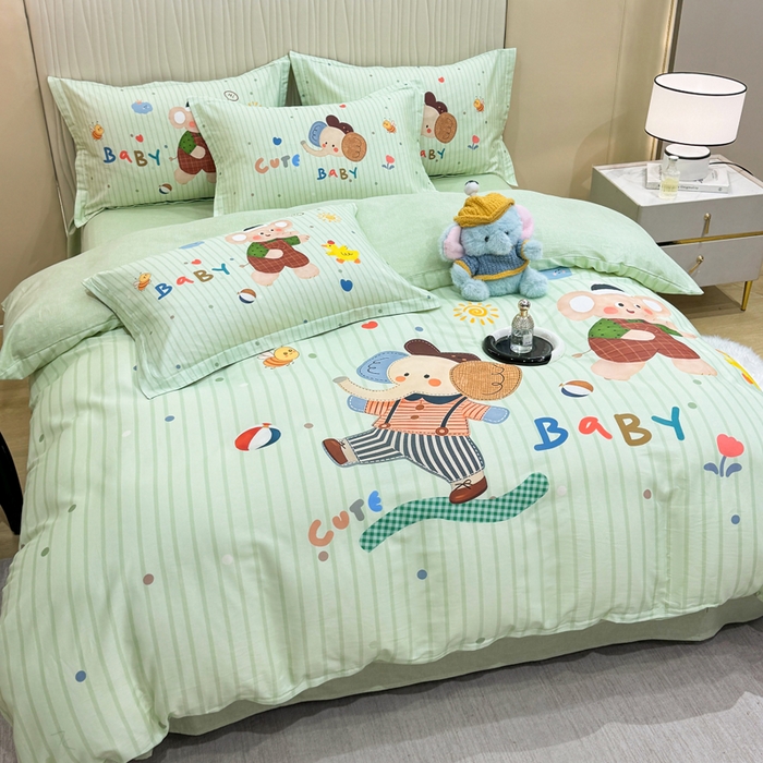 91家纺网 家纺一手货源 找家纺 红日子纺织品 2026新款13070全棉纯棉数码印花大版印花四件套 小象乐园-绿