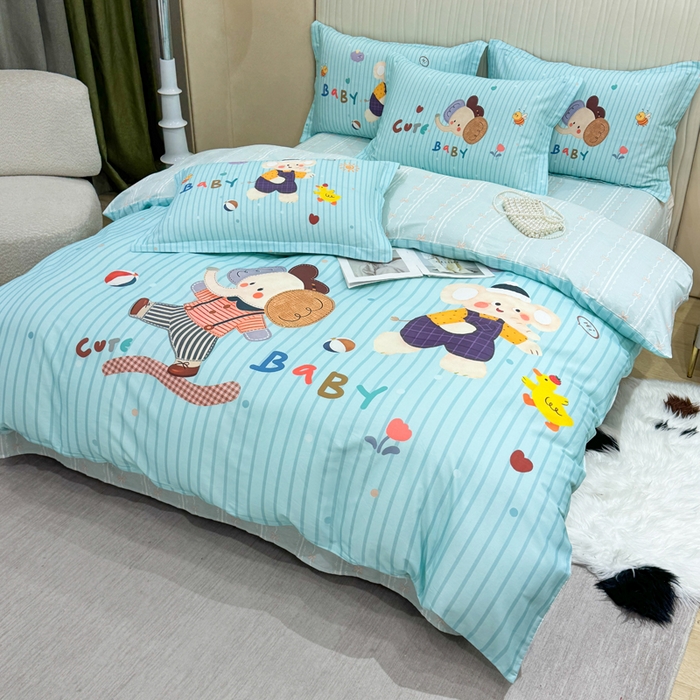 91家纺网 家纺一手货源 找家纺 红日子纺织品 2026新款13070全棉纯棉数码印花大版印花四件套 小象乐园-蓝