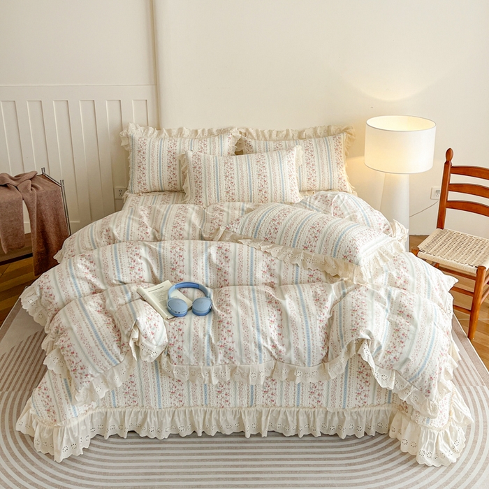 91家纺网 家纺一手货源 找家纺 （总）羽爱家纺 2026新款全棉水洗韩版花边床盖四件套