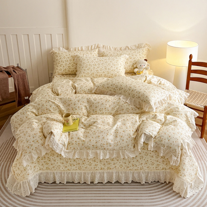 91家纺网 家纺一手货源 找家纺 （总）羽爱家纺 2026新款全棉水洗韩版花边床盖四件套