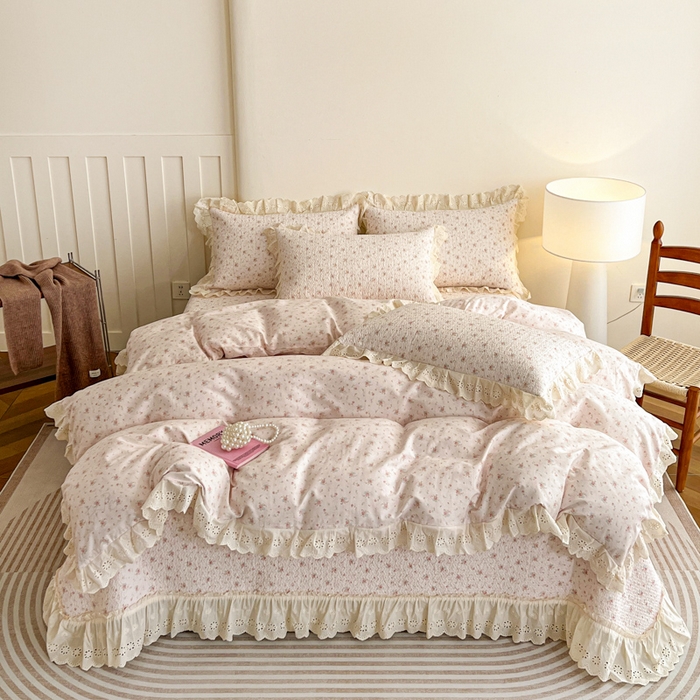 91家纺网 家纺一手货源 找家纺 （总）羽爱家纺 2026新款全棉水洗韩版花边床盖四件套