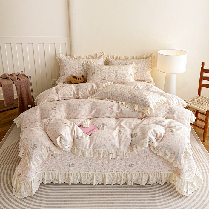 91家纺网 家纺一手货源 找家纺 （总）羽爱家纺 2026新款全棉水洗韩版花边床盖四件套