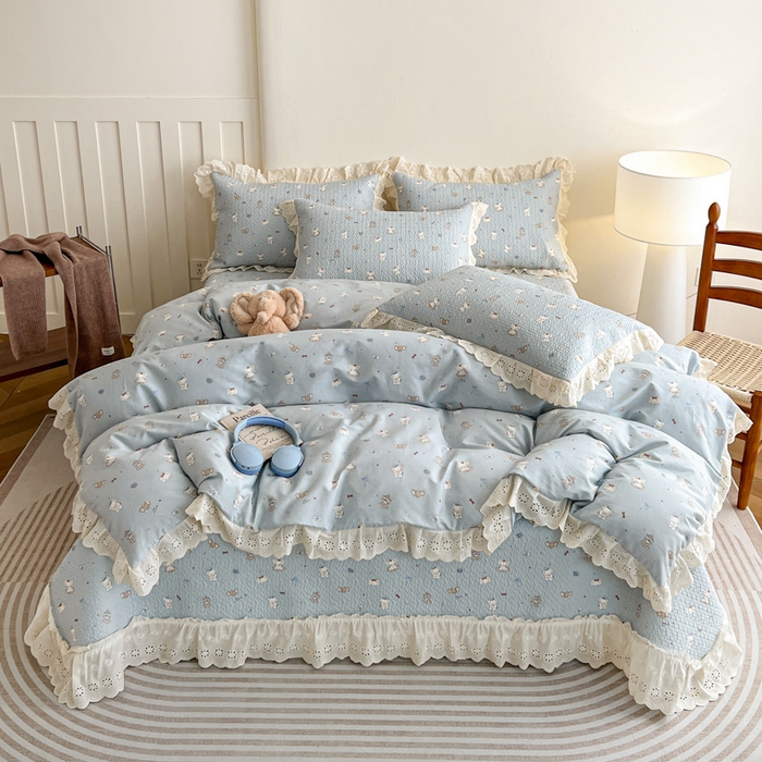 91家纺网 家纺一手货源 找家纺 （总）羽爱家纺 2026新款全棉水洗韩版花边床盖四件套