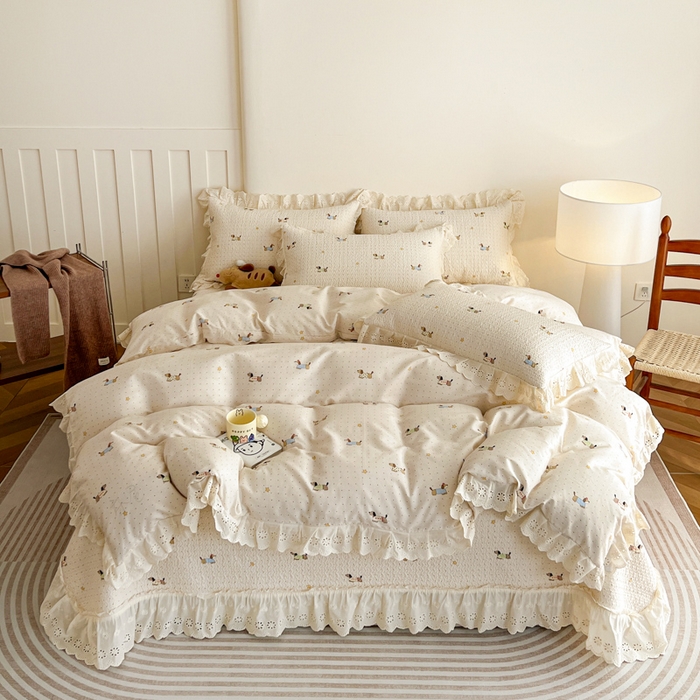 91家纺网 家纺一手货源 找家纺 （总）羽爱家纺 2026新款全棉水洗韩版花边床盖四件套