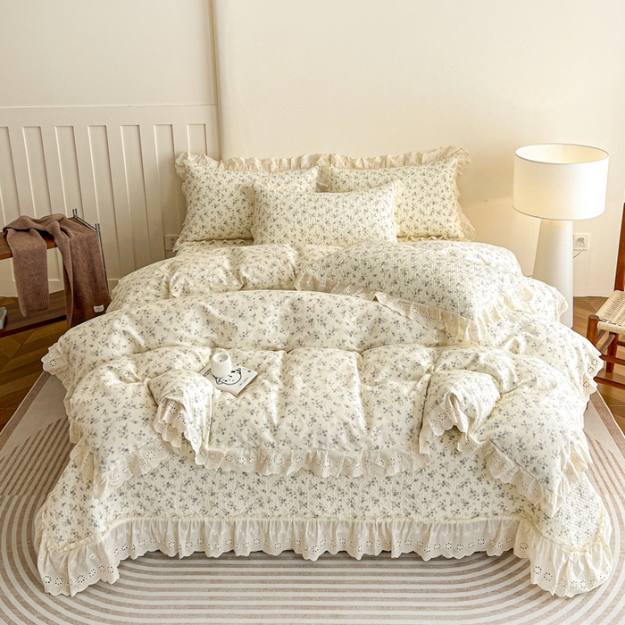 羽爱家纺 2026新款全棉水洗韩版花边床盖四件套 安然花语