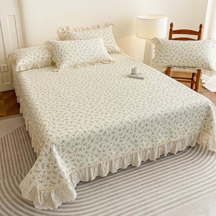 91家纺网 家纺一手货源 找家纺 羽爱家纺 2026新款全棉水洗韩版花边床盖四件套 安然花语