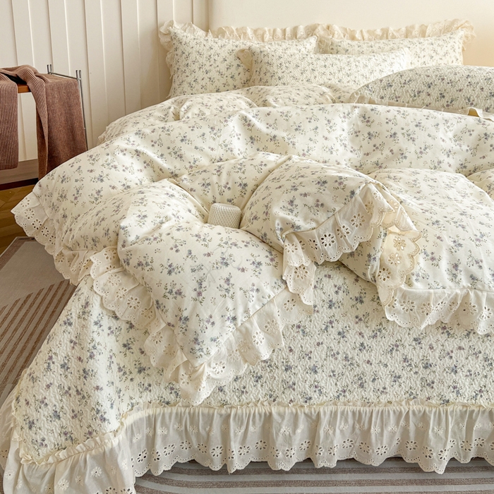 91家纺网 家纺一手货源 找家纺 羽爱家纺 2026新款全棉水洗韩版花边床盖四件套 安然花语