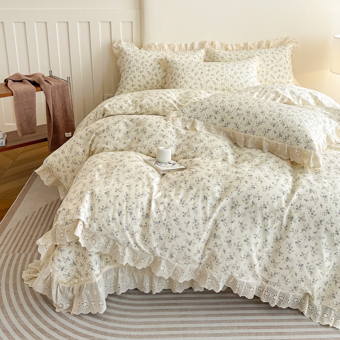 91家纺网 家纺一手货源 找家纺 羽爱家纺 2026新款全棉水洗韩版花边床盖四件套 安然花语