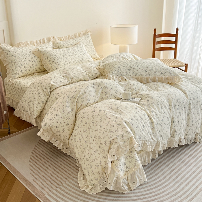 91家纺网 家纺一手货源 找家纺 羽爱家纺 2026新款全棉水洗韩版花边床盖四件套 安然花语