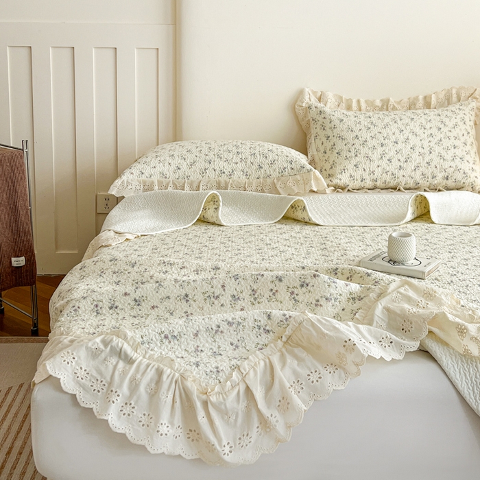 91家纺网 家纺一手货源 找家纺 羽爱家纺 2026新款全棉水洗韩版花边床盖四件套 安然花语