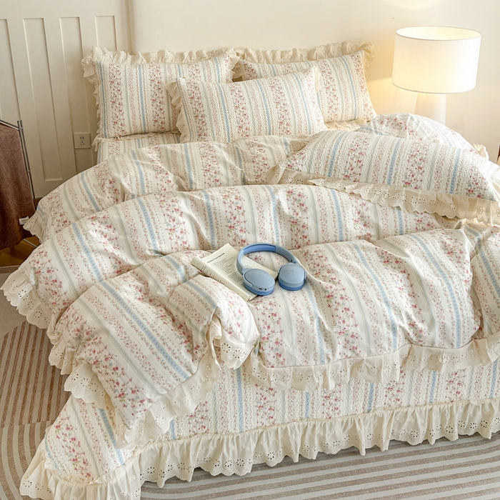 91家纺网 家纺一手货源 找家纺 羽爱家纺 2026新款全棉水洗韩版花边床盖四件套 步步生莲