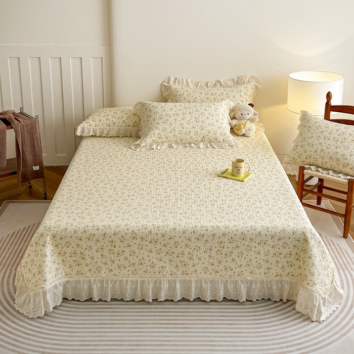 91家纺网 家纺一手货源 找家纺 羽爱家纺 2026新款全棉水洗韩版花边床盖四件套 丛林花田